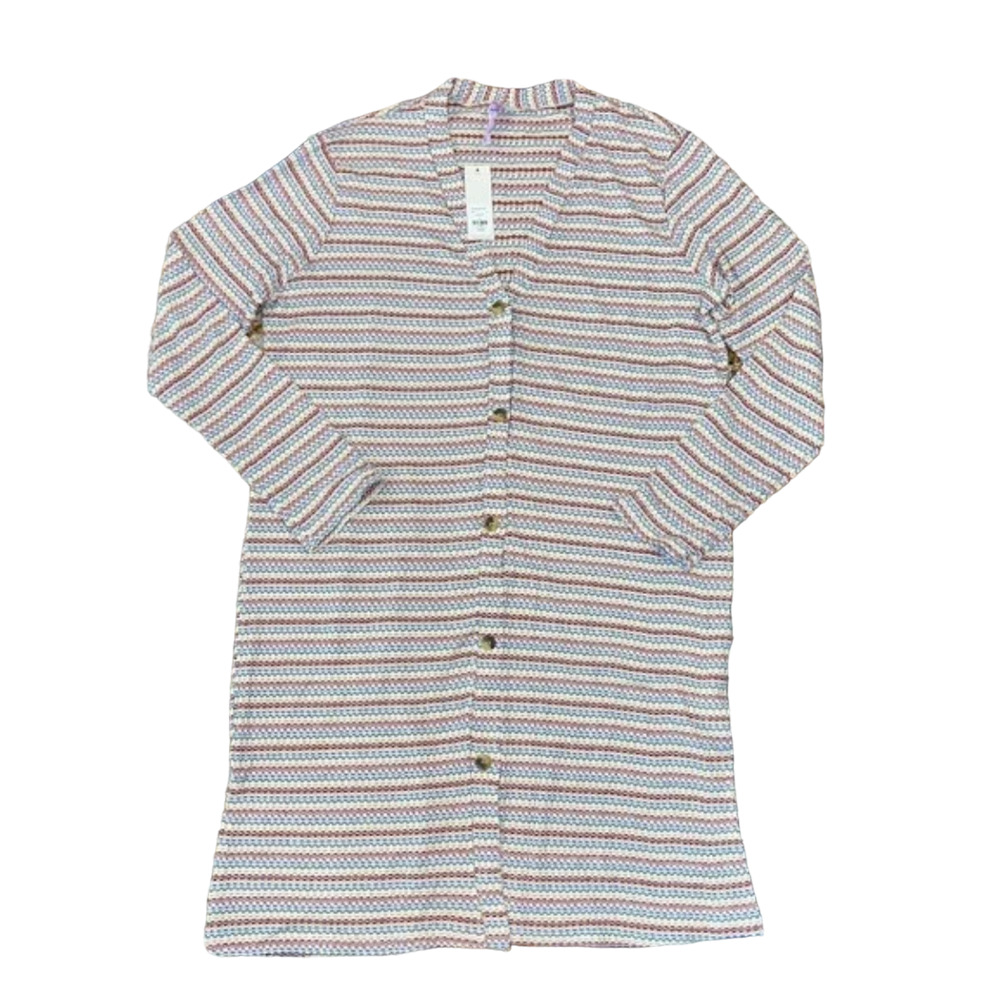 NWT Francesca's Collections White Waffle Knit Striped Tunic Cardigan -SIZE LARGE